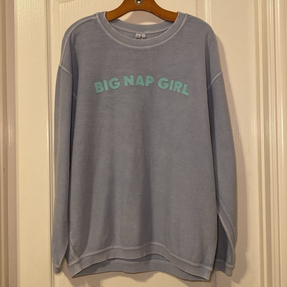 Charlie Southern Big Nap Girl Light Blue Corded Sweatshirt Size Large EUC